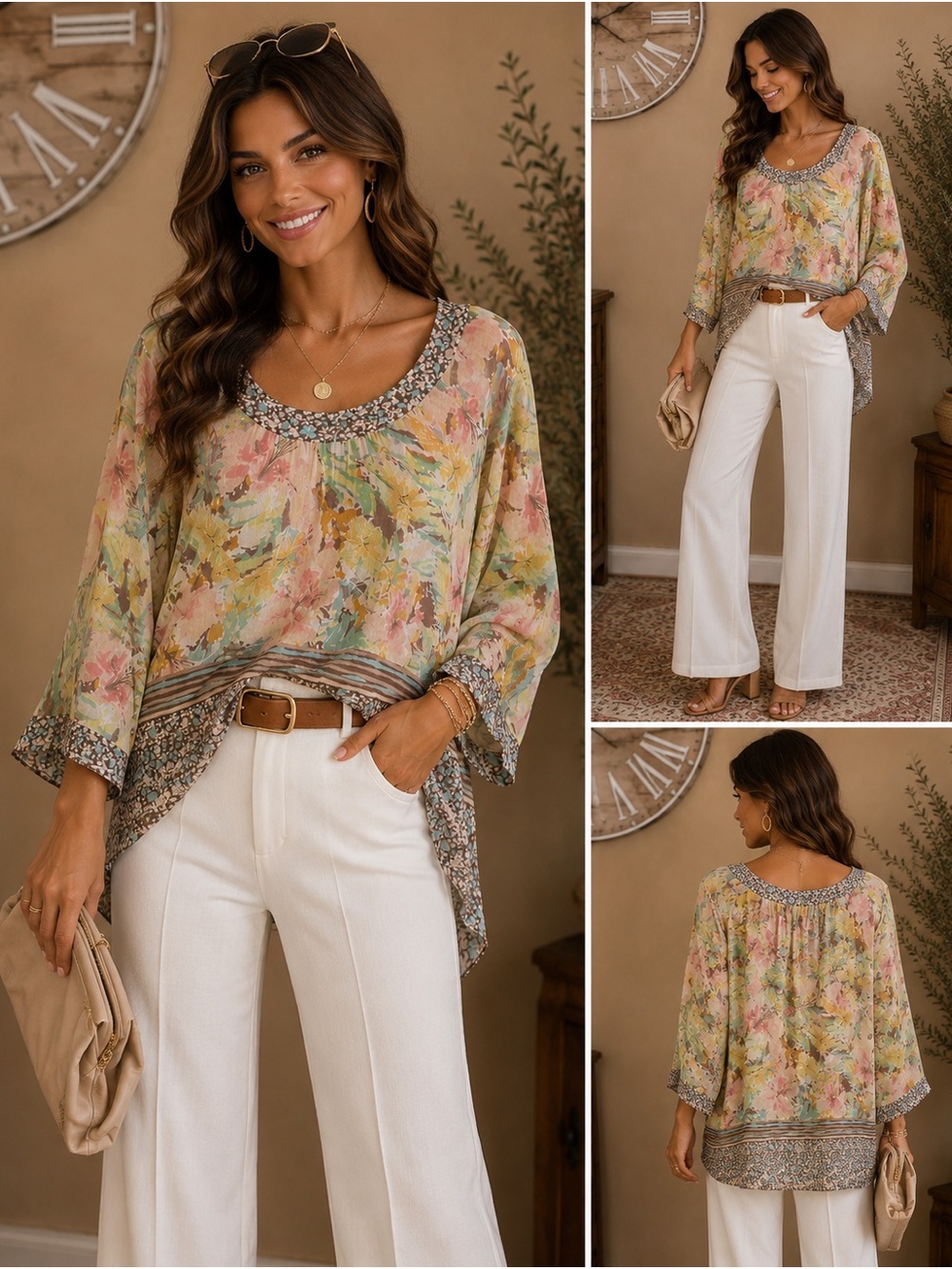 100% Silk Coldwater Creek Floral Scoop Neck Tunic - Pink, Yellow, Mint, Brown